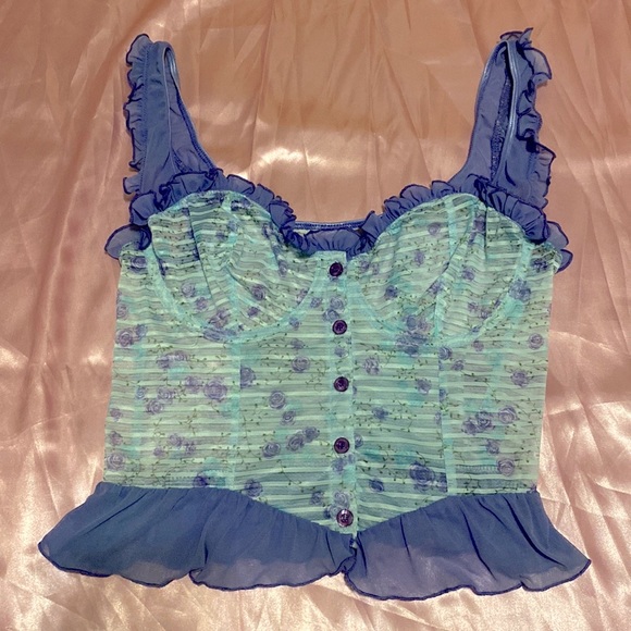 Y2K Blue Rose See-Through Ruffle Crop Top w/Underwire - Picture 5 of 5